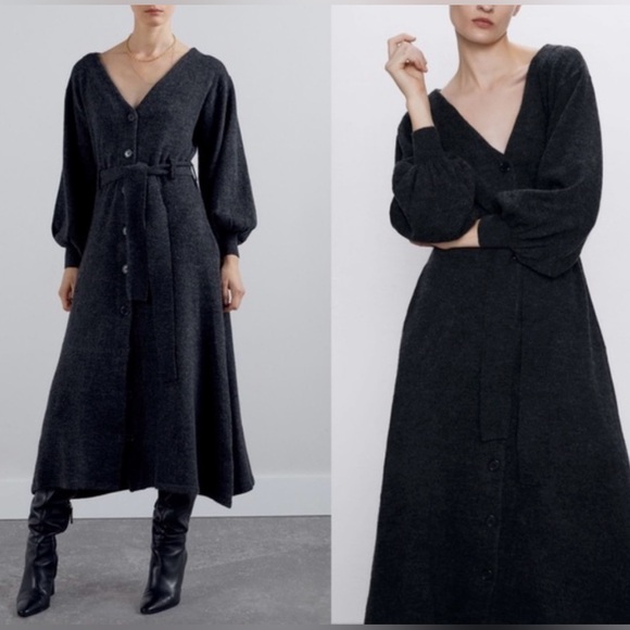 zara knit dress with pockets LONG KNIT DRESS WITH RUCHED WAIST - Black